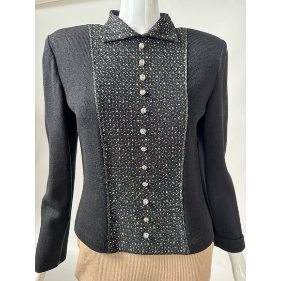 St. John Evening By Marie Gray Black Knit Rhinestone Button Down Top w/ Blemish - Picture 2 of 16